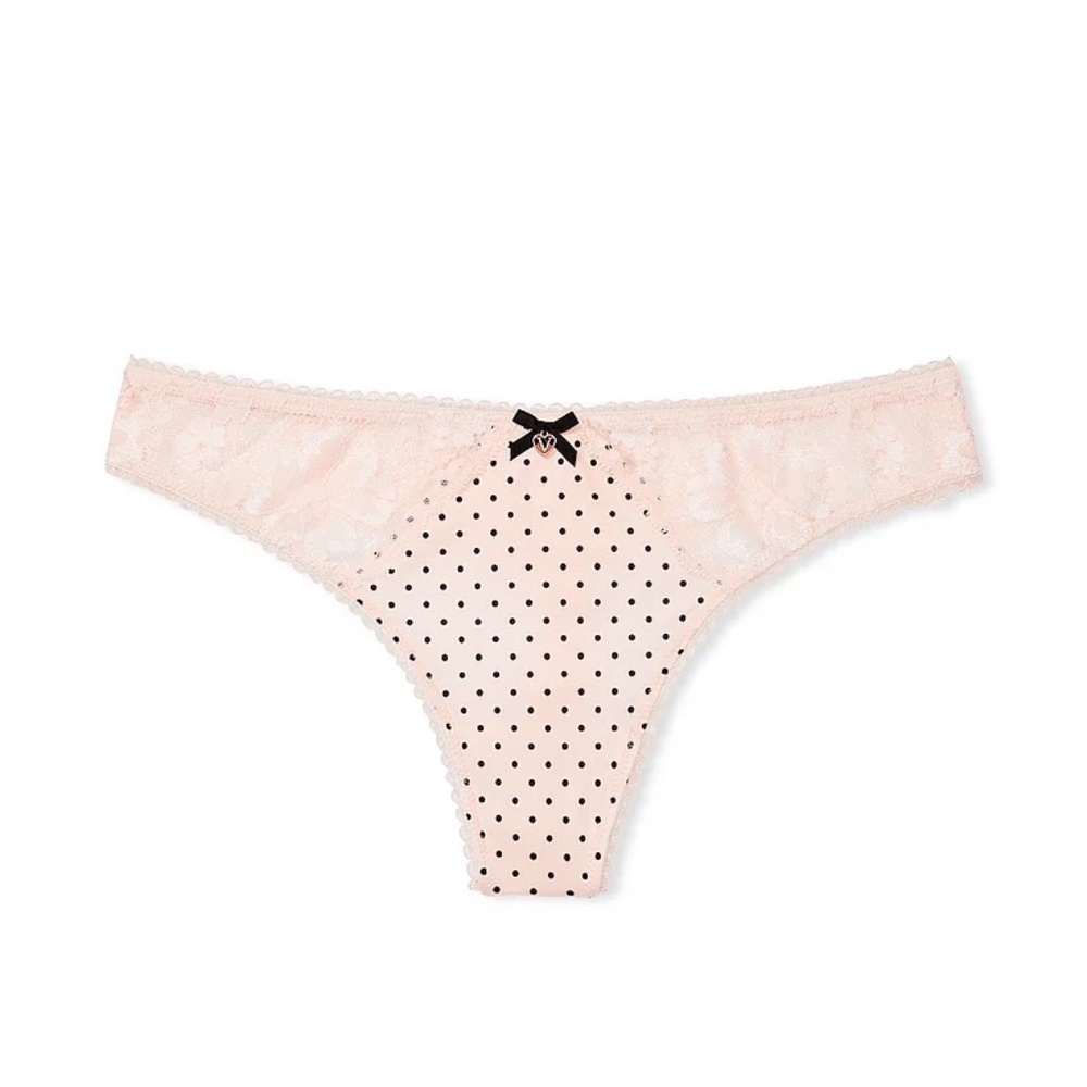 Victoria's Secret Body By Victoria Lace Black Thong Panty Pink Dots Large NEW - Picture 4 of 6